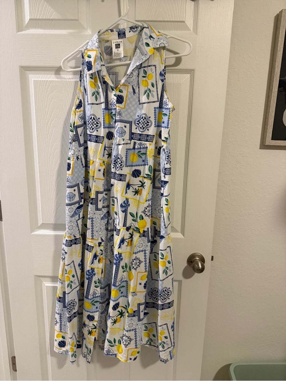 Viral Aldi Sleeveless Collared Midi Dress with Blue & Yellow Tile Print